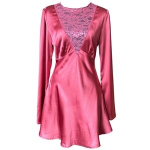 Olia Y2K Pink Satin Lace Mini Dress Women's‎ Small Long Sleeve Open Back